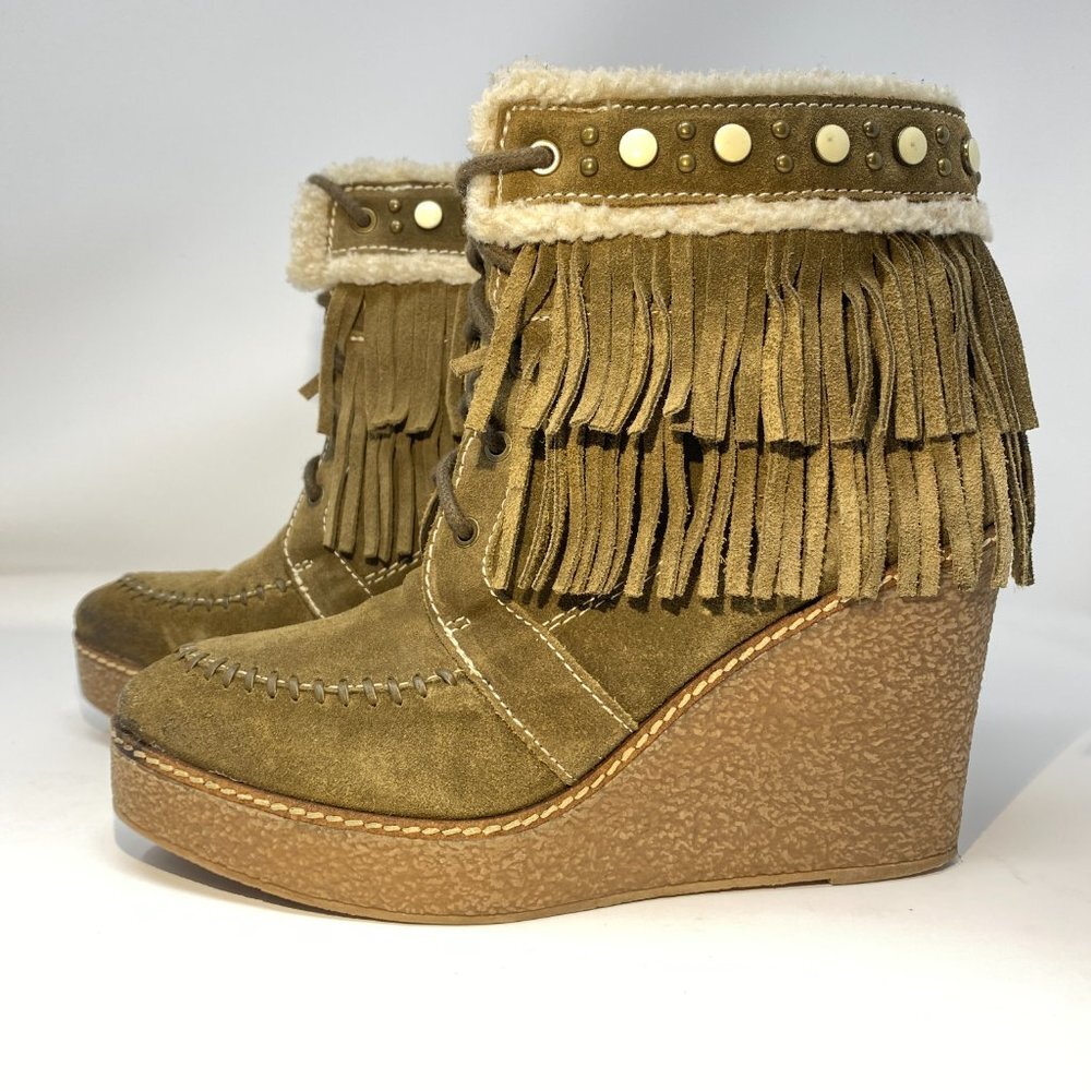 Sam Edelman Kemper Fringe Wedge Boots Green Suede